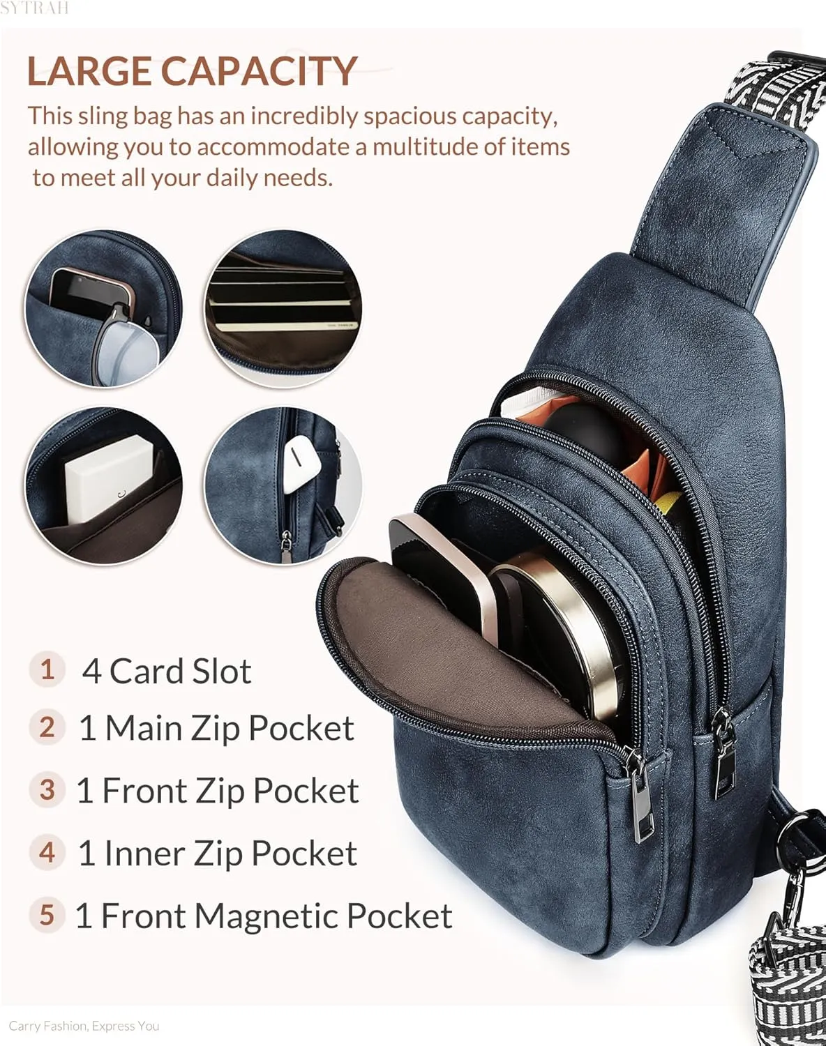 Sling Bag for Women, Crossbody Bags Purse for Women Trendy Vegan Leather Chest Bag with Adjustable Guitar Strap