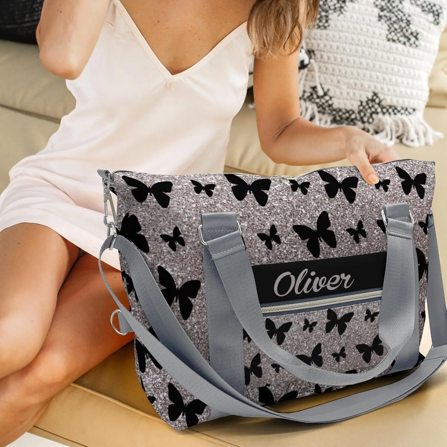 Sliver Glitter Butterfly Personalized Kids Duffel Swim Bag for Boys,Customized Swim Duffle Bag for Boys Man Kids Gifts