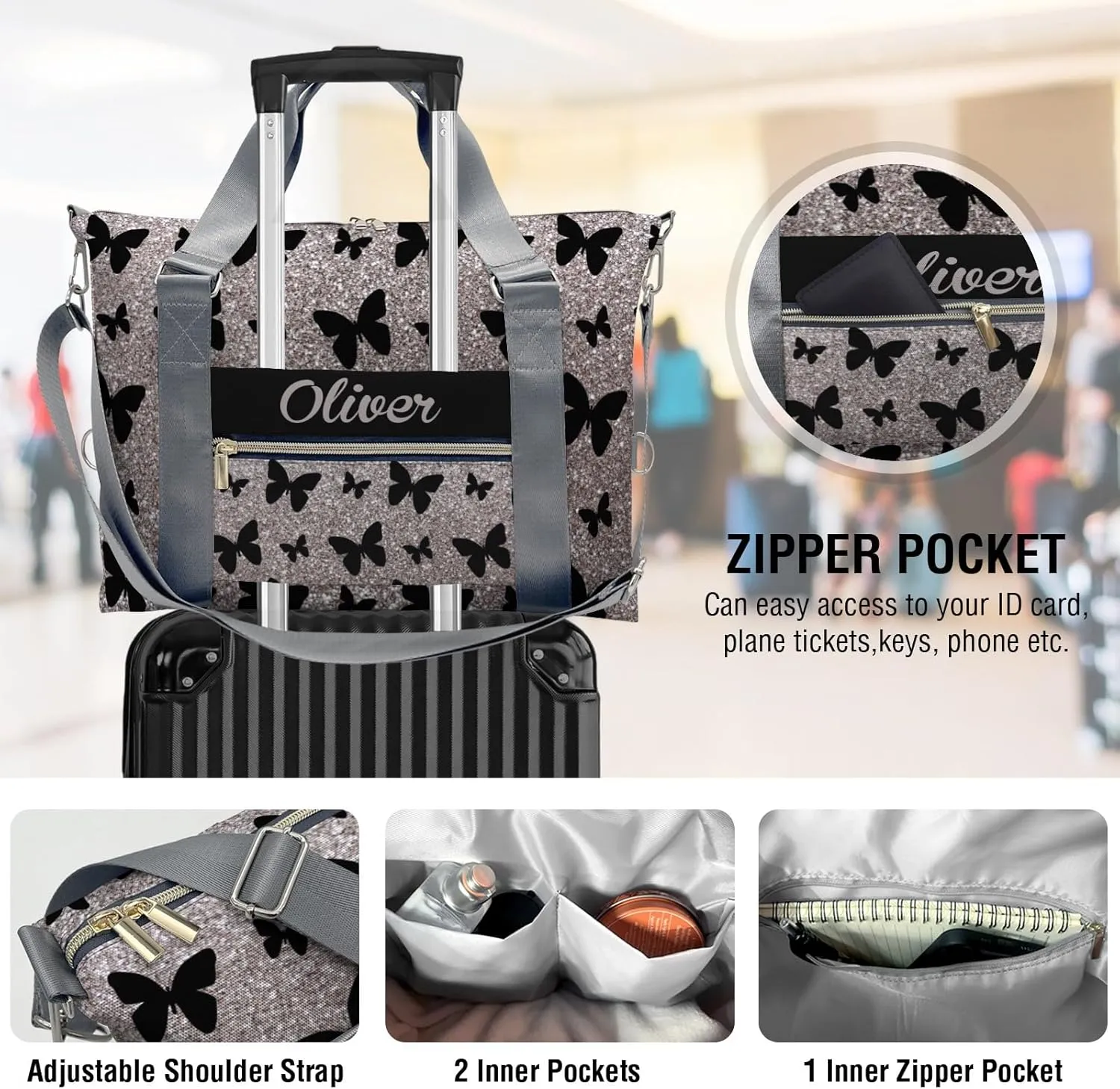Sliver Glitter Butterfly Personalized Kids Duffel Swim Bag for Boys,Customized Swim Duffle Bag for Boys Man Kids Gifts