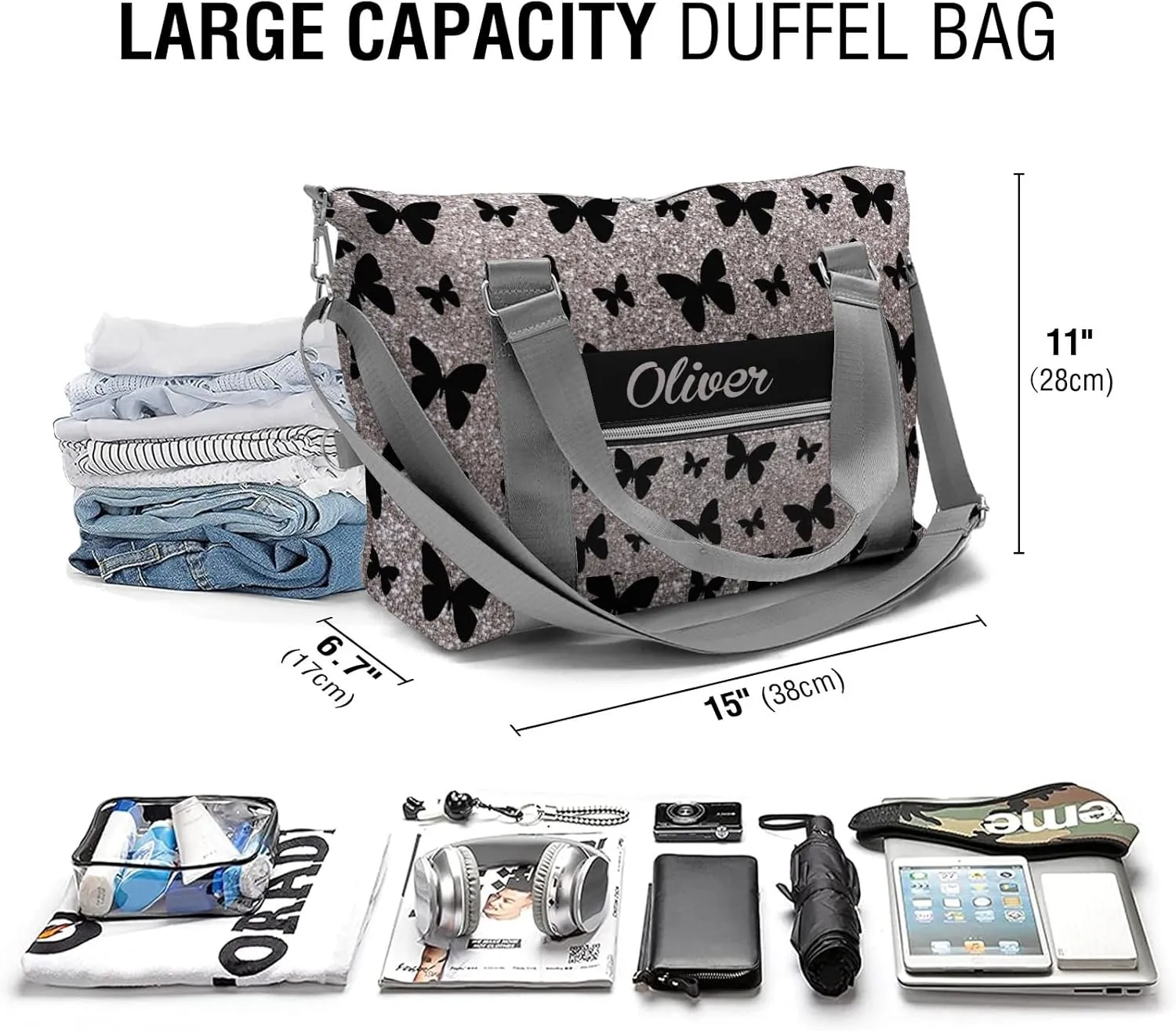 Sliver Glitter Butterfly Personalized Kids Duffel Swim Bag for Boys,Customized Swim Duffle Bag for Boys Man Kids Gifts