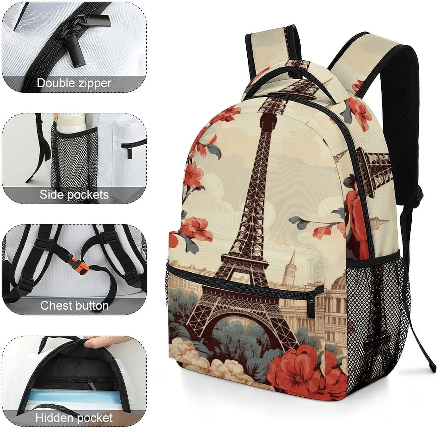 Small Backpacks Personalized Paris Vintage Floral Printing Travel Bag Lightweight Travel Backpack For Women Men