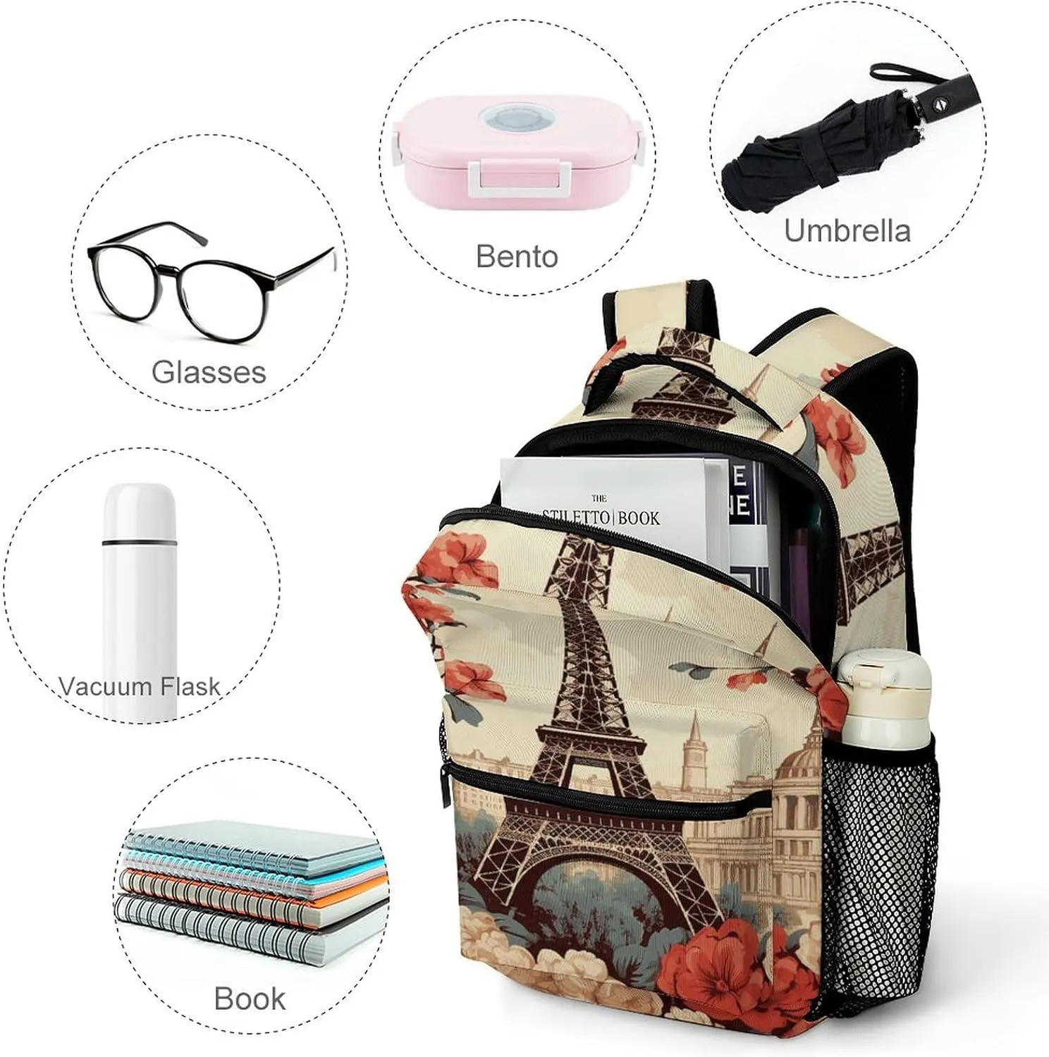 Small Backpacks Personalized Paris Vintage Floral Printing Travel Bag Lightweight Travel Backpack For Women Men