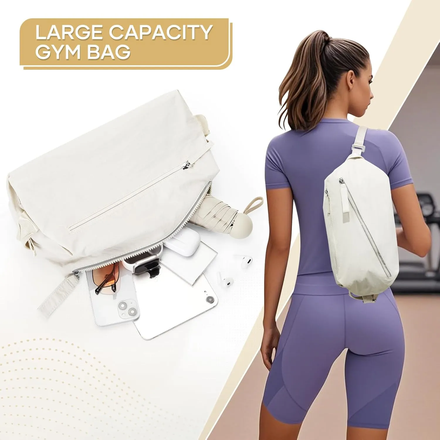 Small Gym Bag for Women, Mini Travel Duffle Bag with Two Ways to Carry, Waterproof Lightweight Backpacks Carry On Tote Bag for Sport, Workout, Swimming, Beige