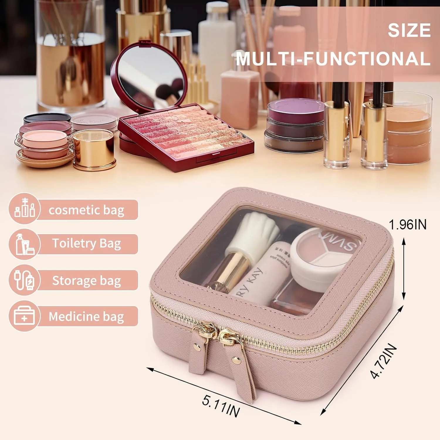 Small Makeup Bag Mini Clear Cosmetic Makeup Case & Toiletry Bag with Zipper Women's Purse Organizer & Car Essentials (Pink, MINI-1)
