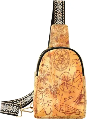 Small Sling Bag Waist Packs Leather Crossbody Packs Chest Bag Pirate Vintage Navigation for Women Travel Belt Purse
