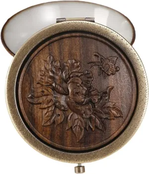 SMDSAZ Portable Makeup Mirror Wooden Carving Cosmetic Mirror Compact Mirror Pocket Folding Brass Vintage Mini Hand Hold Girls Beauty (Color : 1)