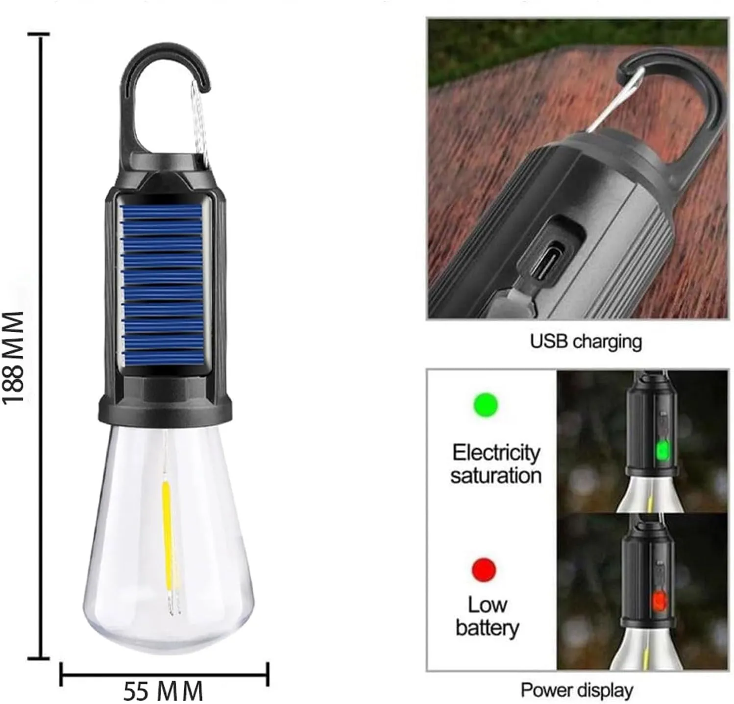 Solar Rechargeable Hooked Camping Light, Multi-Functional Waterproof Solar Tent Lights, USB Rechargeable Led Camping Lantern,Portable Clip Hook Indoor ＆ Outdoor Hanging Lantern (Flat Bottom Style, 2)
