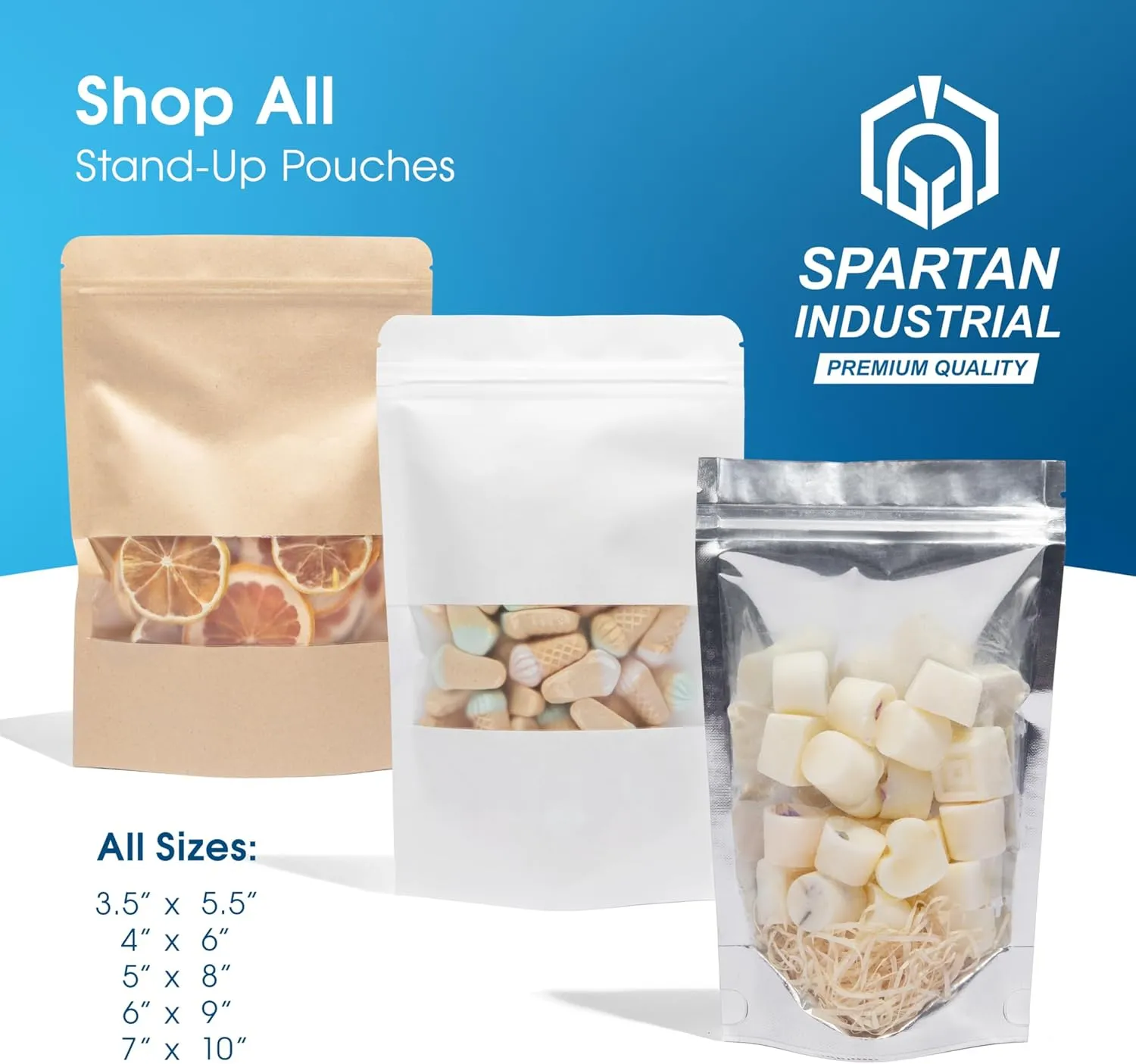 Spartan Industrial - 3.5" X 5.5" White Resealable Stand-Up Pouches - Pack of 1000 Small Smell-Proof Food Pouch Bags for Packaging, Pet Treats, Cosmetics, and More