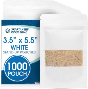 Spartan Industrial - 3.5" X 5.5" White Resealable Stand-Up Pouches - Pack of 1000 Small Smell-Proof Food Pouch Bags for Packaging, Pet Treats, Cosmetics, and More