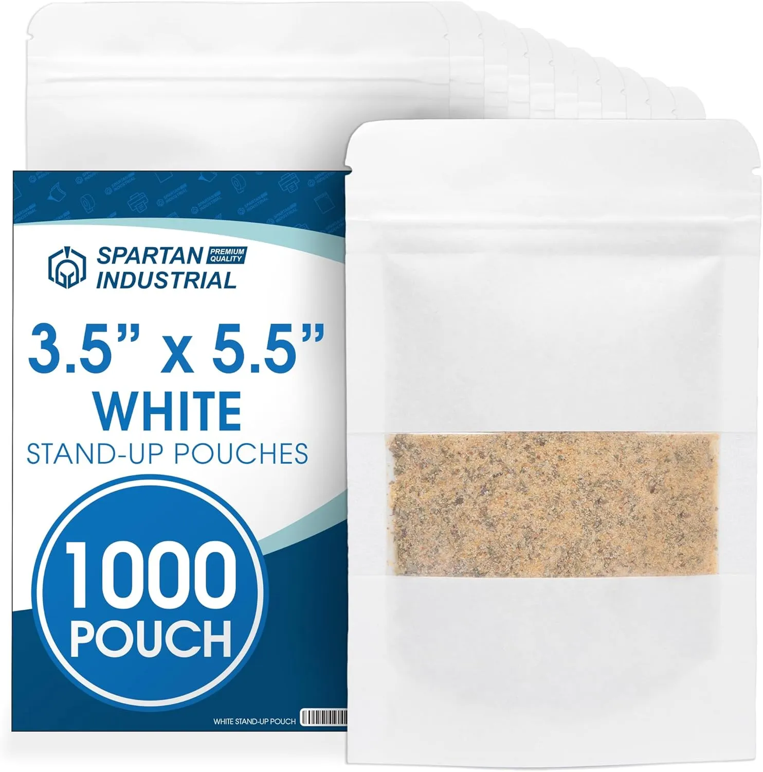 Spartan Industrial - 3.5" X 5.5" White Resealable Stand-Up Pouches - Pack of 1000 Small Smell-Proof Food Pouch Bags for Packaging, Pet Treats, Cosmetics, and More