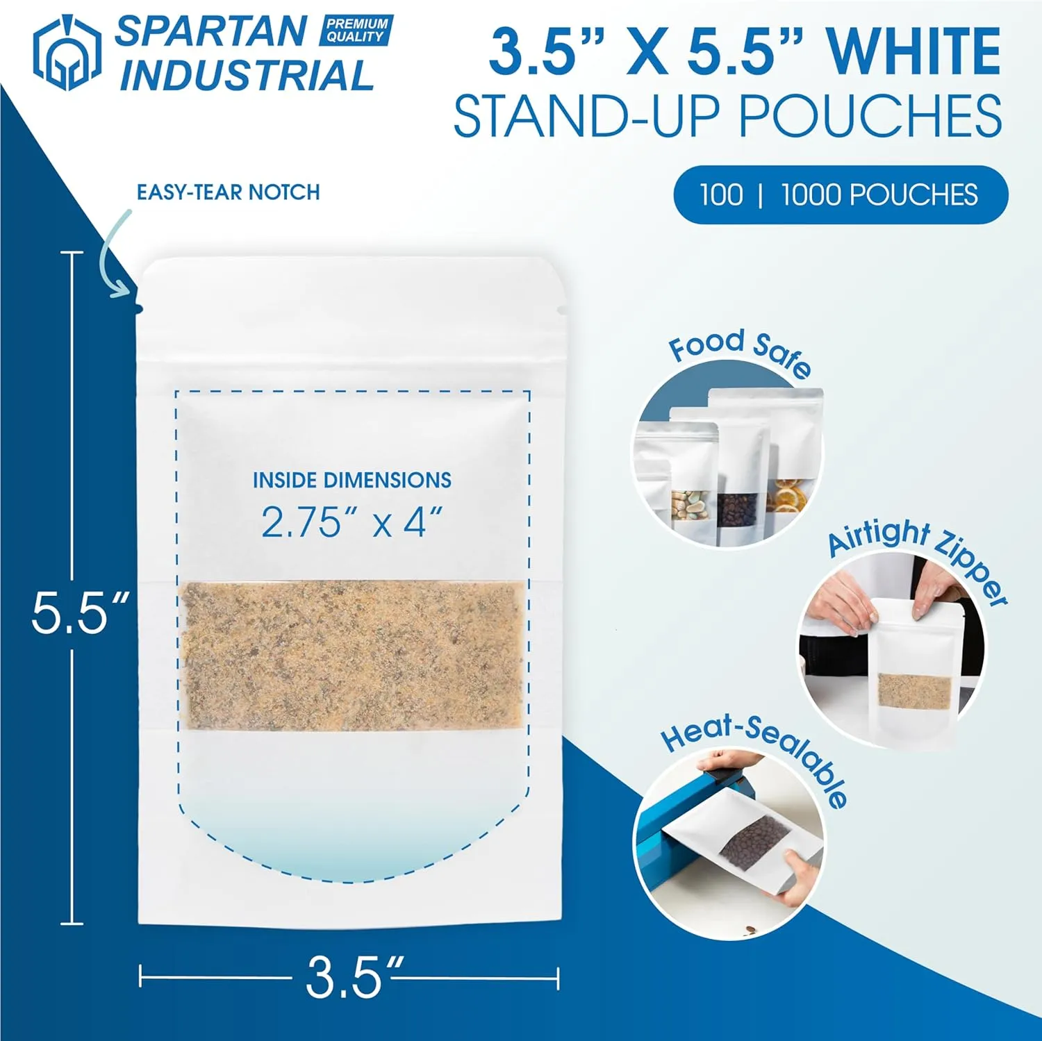 Spartan Industrial - 3.5" X 5.5" White Resealable Stand-Up Pouches - Pack of 1000 Small Smell-Proof Food Pouch Bags for Packaging, Pet Treats, Cosmetics, and More