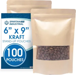 Spartan Industrial - 6" X 9" Kraft Zip Top Food Storage Bags - Pack of 100 Smell-Proof Resealable Pouches for Packaging Coffee, Tea, Spices, Snacks, and More