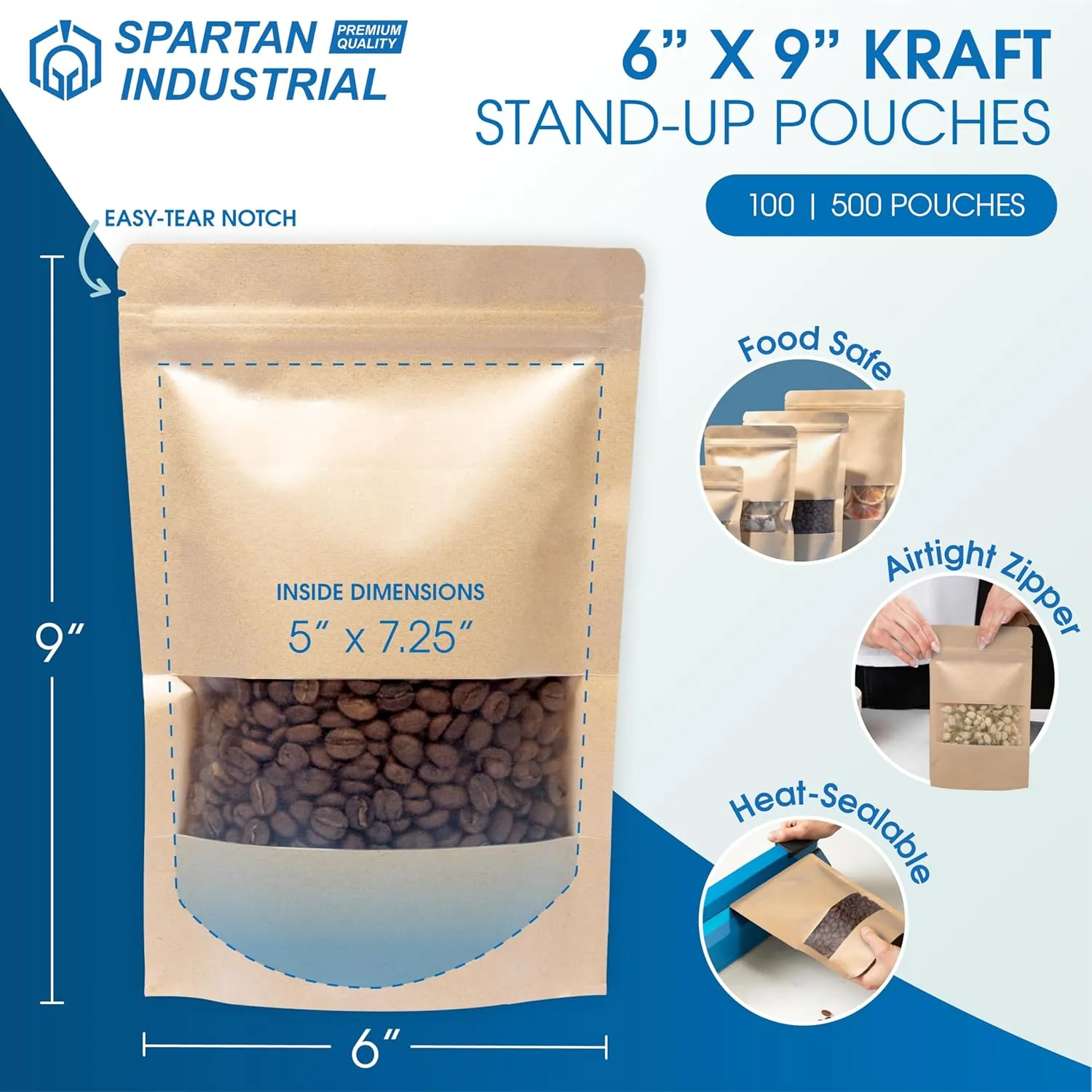Spartan Industrial - 6" X 9" Kraft Zip Top Food Storage Bags - Pack of 100 Smell-Proof Resealable Pouches for Packaging Coffee, Tea, Spices, Snacks, and More