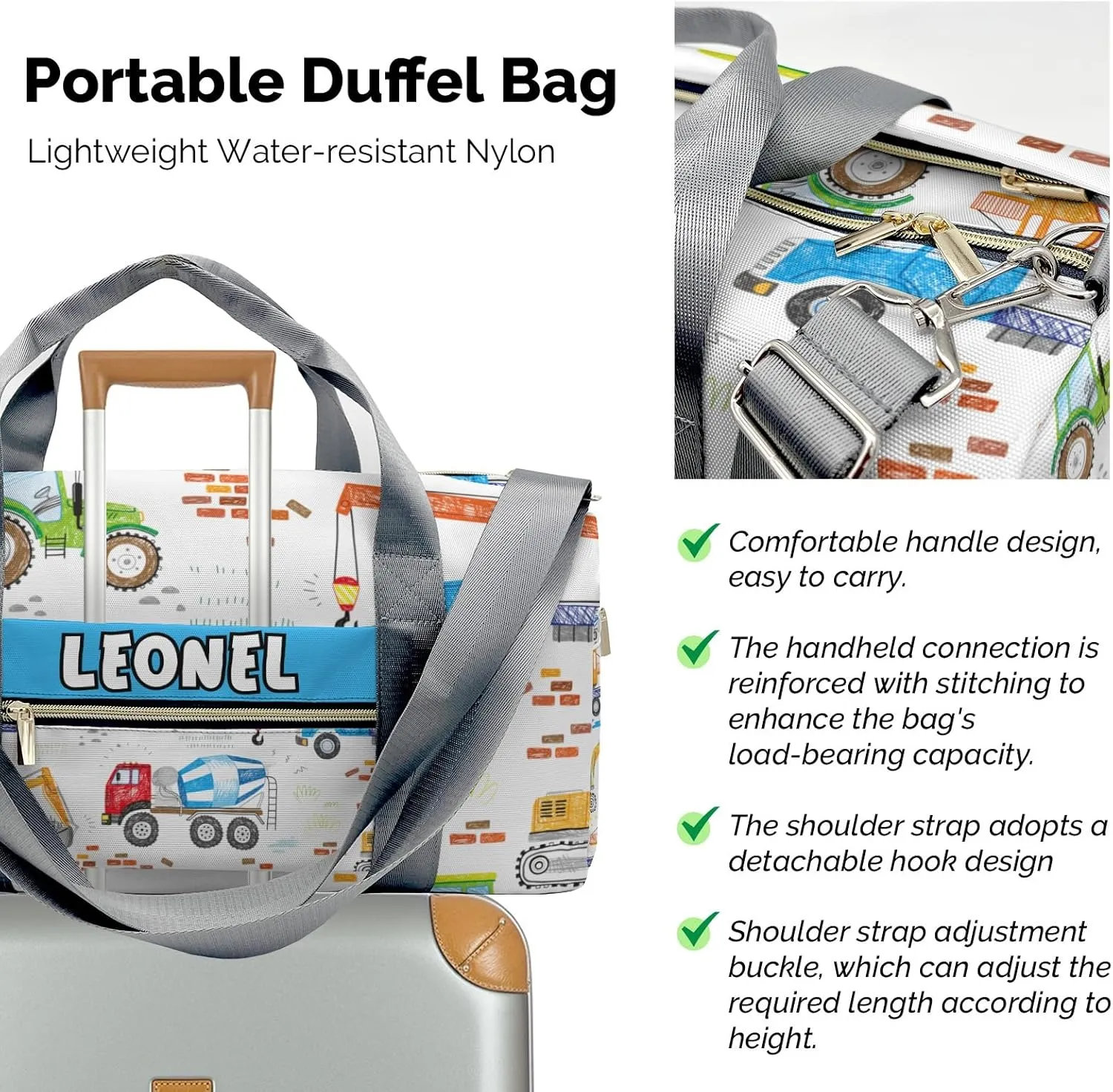 Sport Player Gym Bags Travel Duffle Bag,Construction Trucks Tractor Crane Weekender Duffel Bag with Shoe Compartment,Personalized Workout Duffle Sports Bag