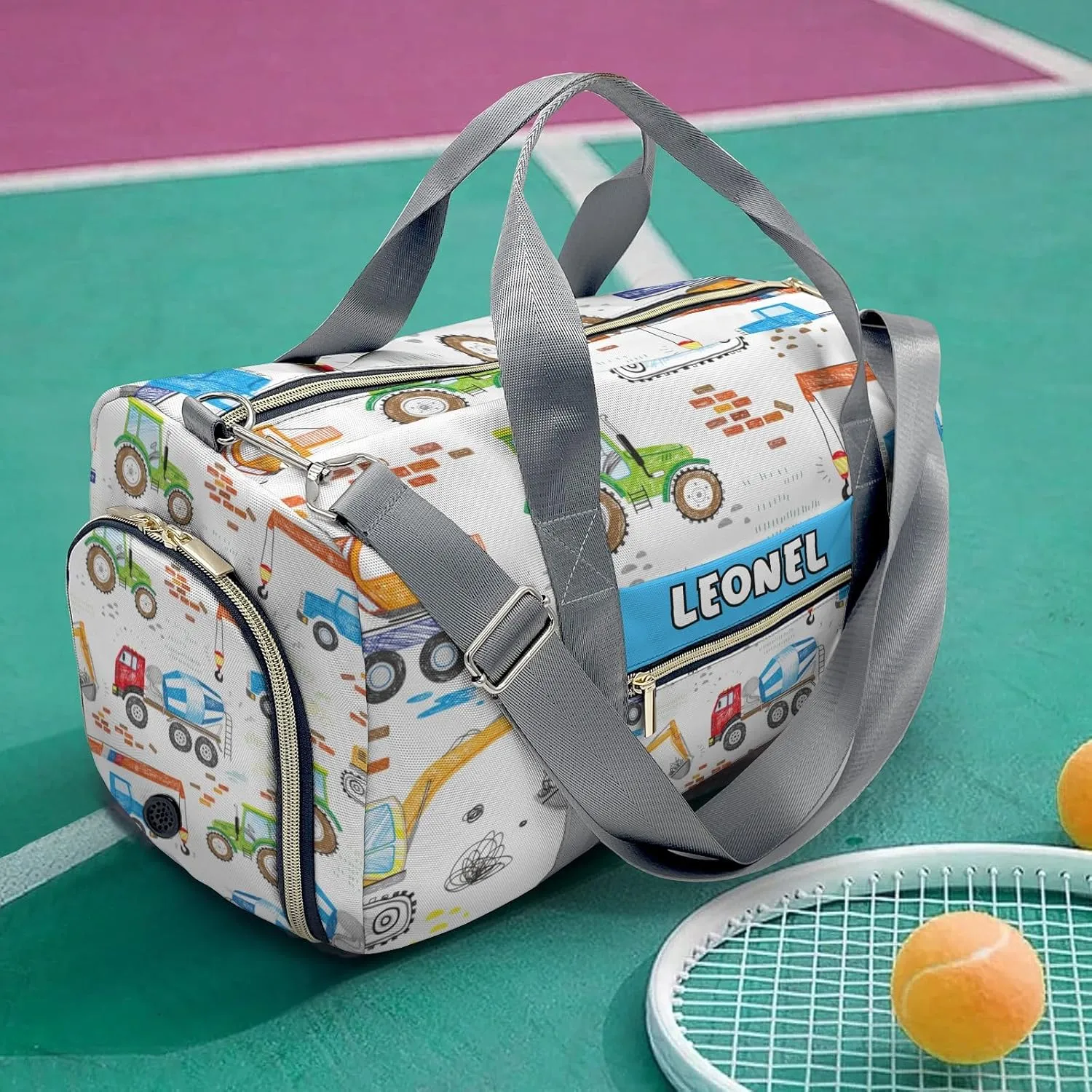 Sport Player Gym Bags Travel Duffle Bag,Construction Trucks Tractor Crane Weekender Duffel Bag with Shoe Compartment,Personalized Workout Duffle Sports Bag