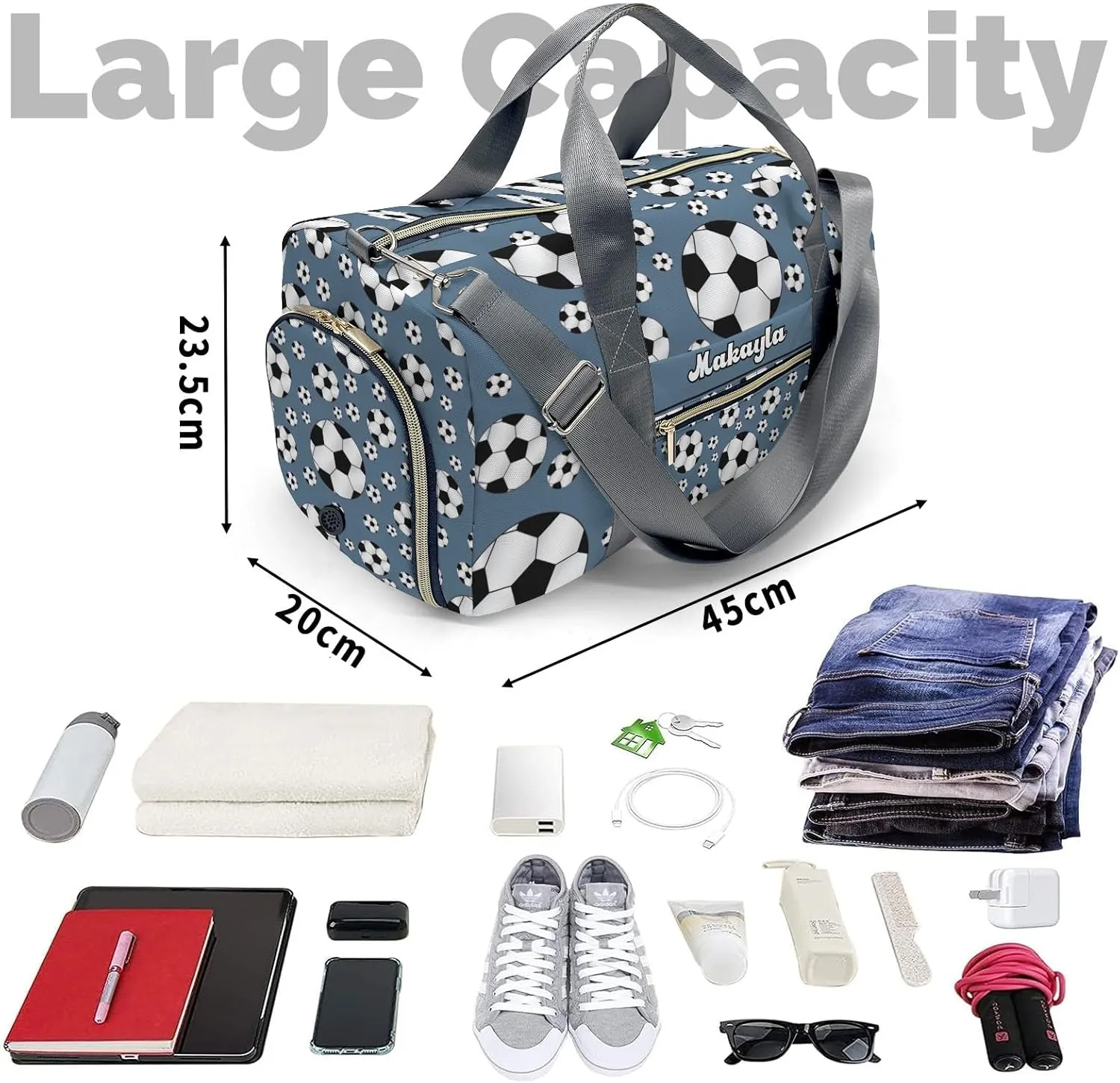 Sport Soccer Balls Aegean Custom Duffel Bag Sports Gym Bags Travel Weekender Overnight Bag for Girls Boys,Personalized Gymnastics Sleepover Bag Lightweight Work Out Bags