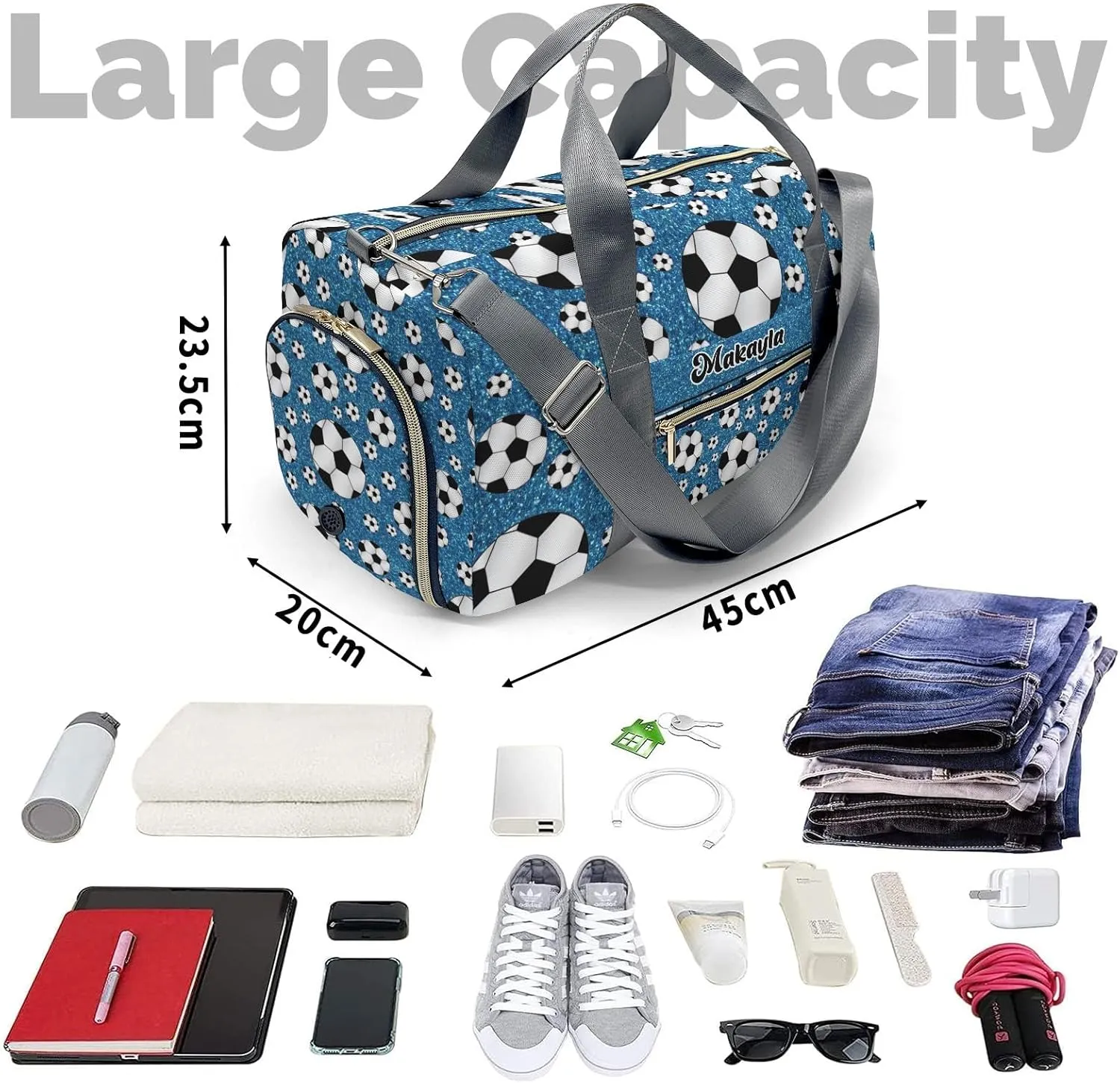 Sport Soccer Balls Blue Color Glitter Personalized Gym Dance Bag for Girls Boys,Custom Name Sport Duffel Bag Weekender Bags Carry On Travel Duffel Bag