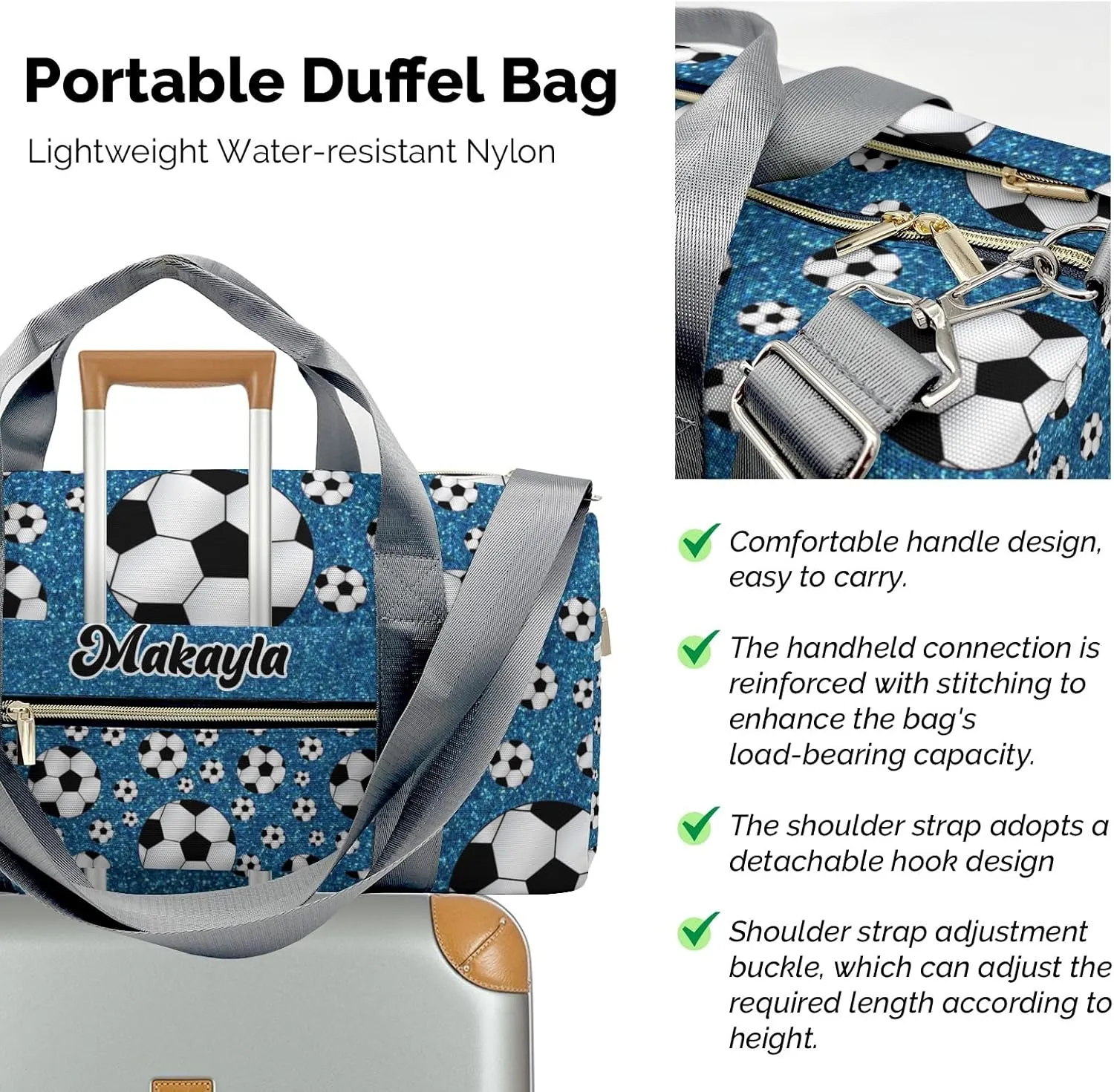 Sport Soccer Balls Blue Color Glitter Personalized Gym Dance Bag for Girls Boys,Custom Name Sport Duffel Bag Weekender Bags Carry On Travel Duffel Bag