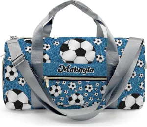 Sport Soccer Balls Blue Color Glitter Personalized Gym Dance Bag for Girls Boys,Custom Name Sport Duffel Bag Weekender Bags Carry On Travel Duffel Bag