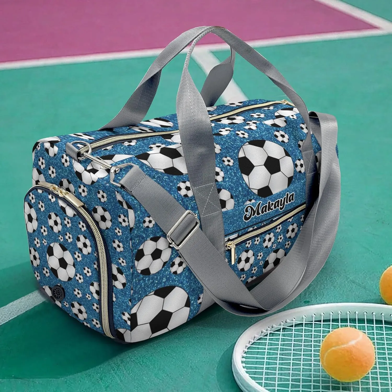 Sport Soccer Balls Blue Color Glitter Personalized Gym Dance Bag for Girls Boys,Custom Name Sport Duffel Bag Weekender Bags Carry On Travel Duffel Bag