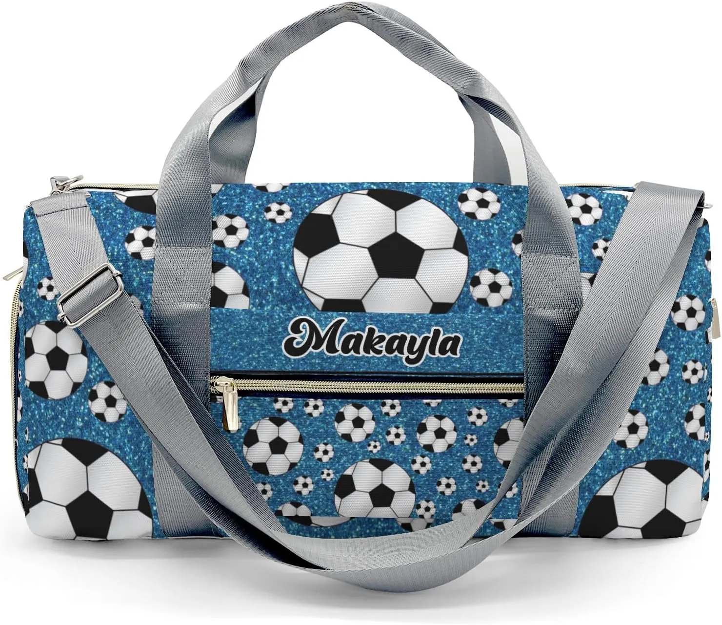 Sport Soccer Balls Blue Color Glitter Personalized Gym Dance Bag for Girls Boys,Custom Name Sport Duffel Bag Weekender Bags Carry On Travel Duffel Bag