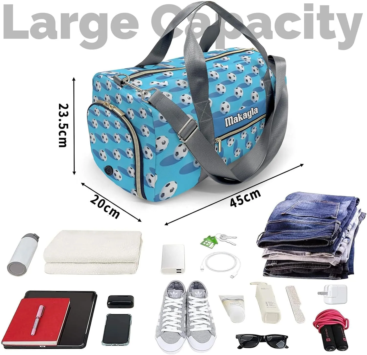 Sport Soccer Balls Blue Personalized Kids Duffel Swim Bag for Boys,Customized Swim Duffle Bag for Boys Man Kids Gifts