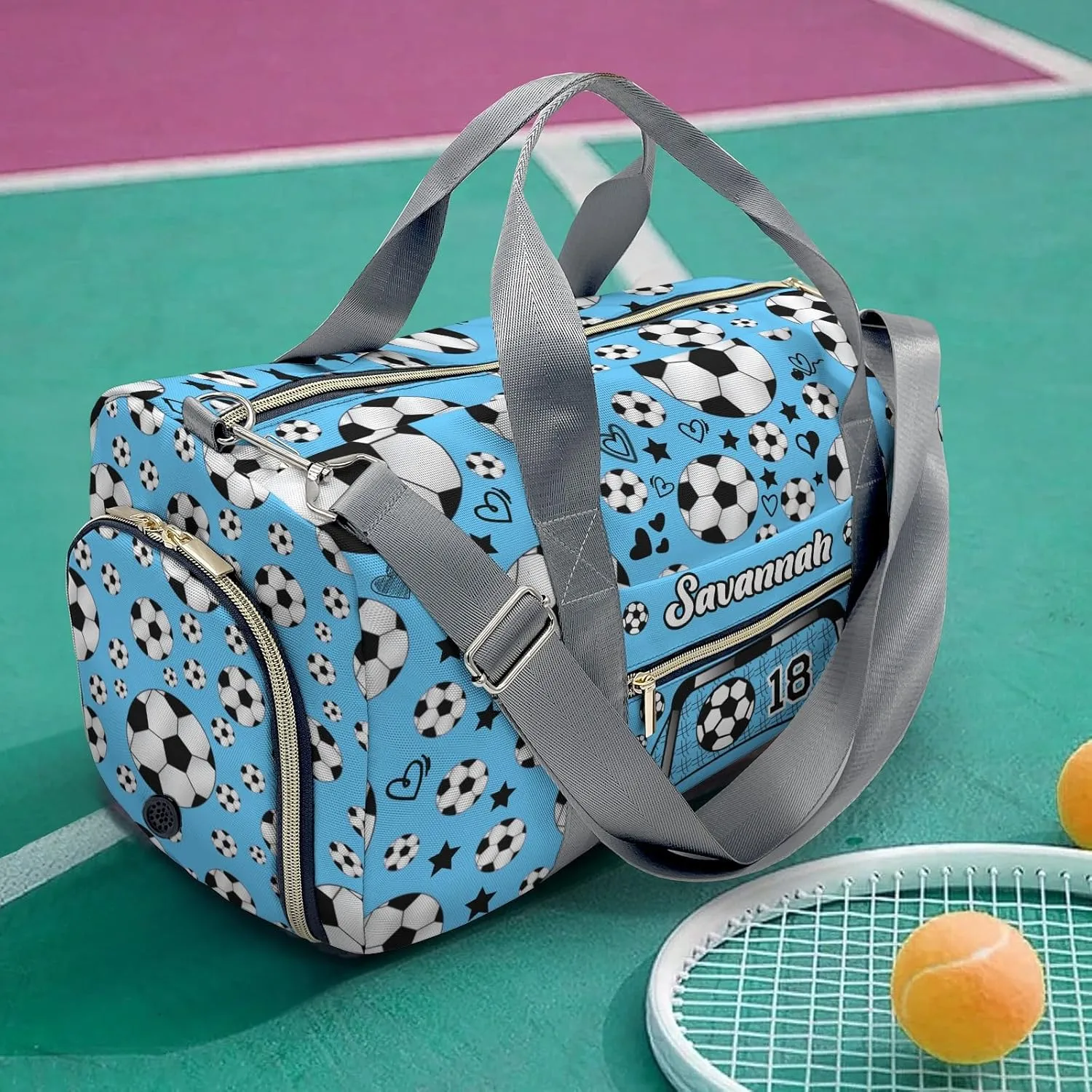 Sport Soccer Balls Team Number Sky Blue Personalized Kids Duffel Swim Bag for Boys,Customized Swim Duffle Bag for Boys Man Kids Gifts