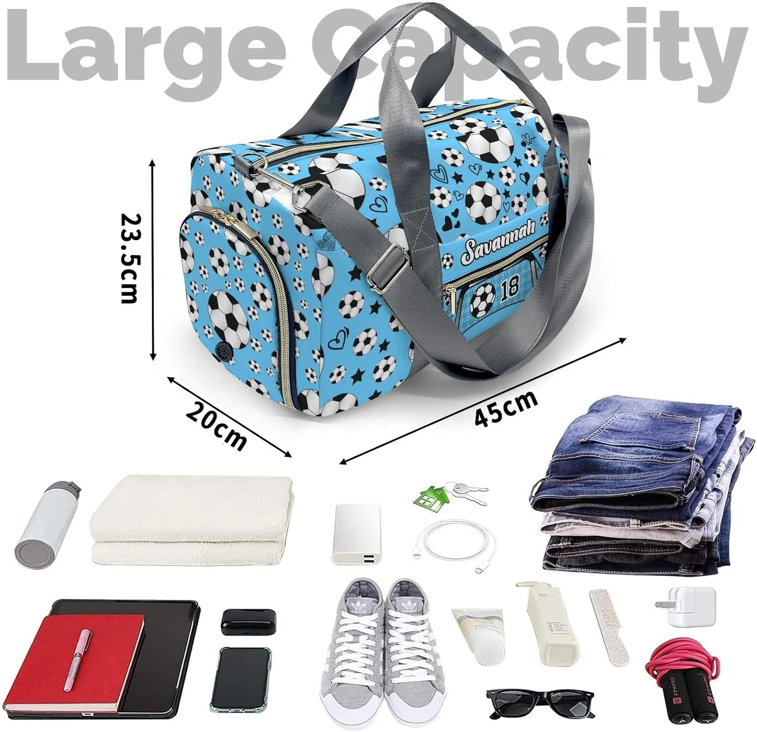 Sport Soccer Balls Team Number Sky Blue Personalized Kids Duffel Swim Bag for Boys,Customized Swim Duffle Bag for Boys Man Kids Gifts