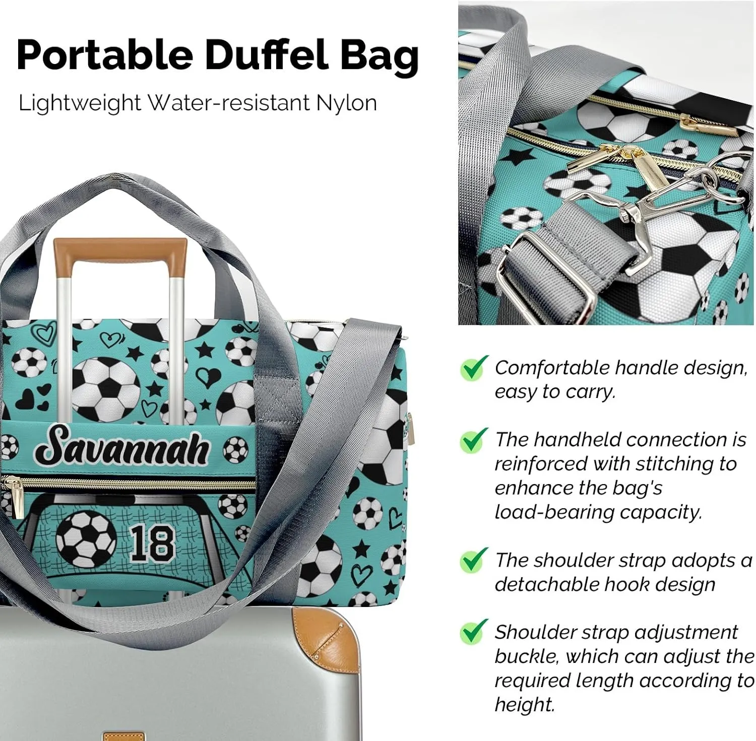 Sport Soccer Balls Team Number Teal Personalized Gym Dance Bag for Girls Boys,Custom Name Sport Duffel Bag Weekender Bags Carry On Travel Duffel Bag