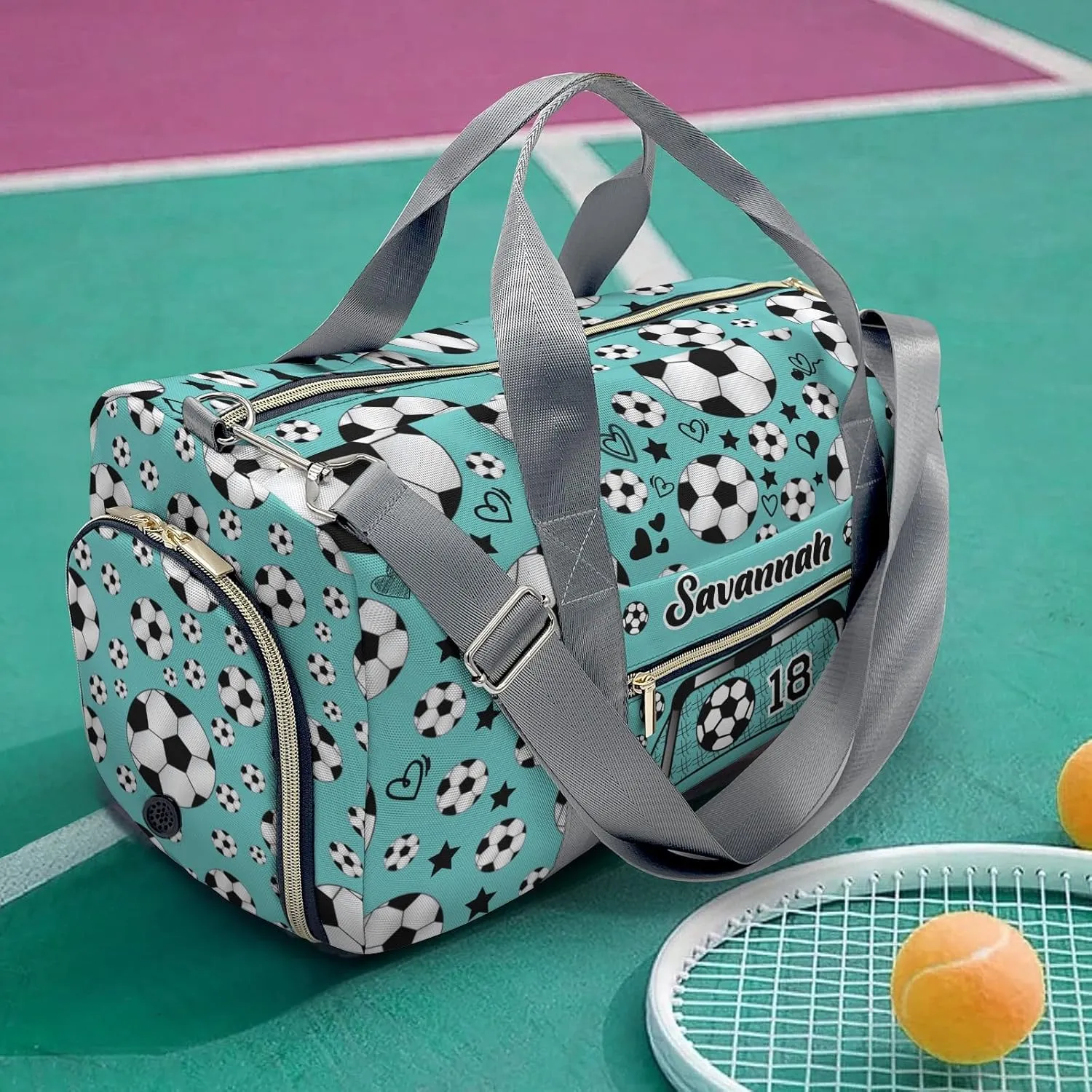 Sport Soccer Balls Team Number Teal Personalized Gym Dance Bag for Girls Boys,Custom Name Sport Duffel Bag Weekender Bags Carry On Travel Duffel Bag