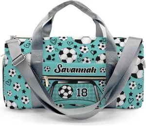 Sport Soccer Balls Team Number Teal Personalized Gym Dance Bag for Girls Boys,Custom Name Sport Duffel Bag Weekender Bags Carry On Travel Duffel Bag