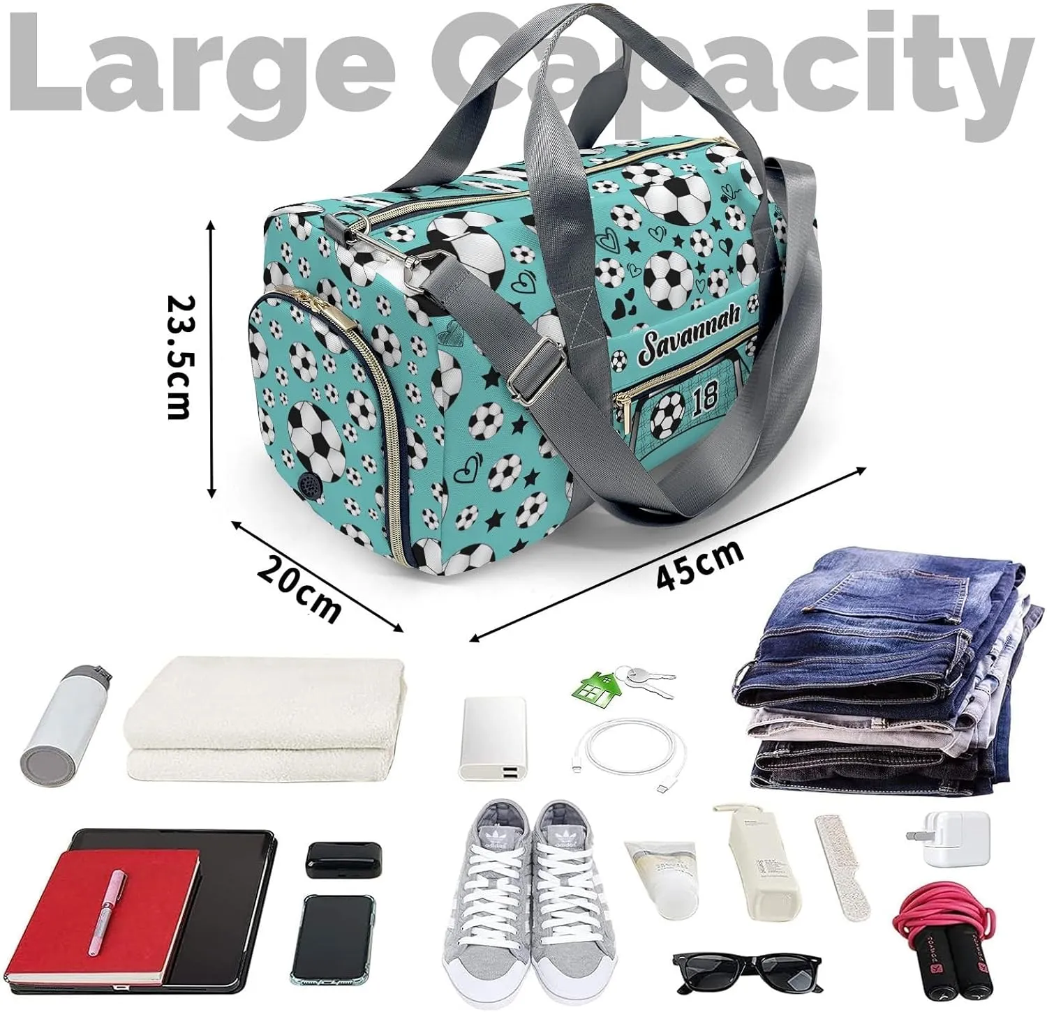 Sport Soccer Balls Team Number Teal Personalized Gym Dance Bag for Girls Boys,Custom Name Sport Duffel Bag Weekender Bags Carry On Travel Duffel Bag