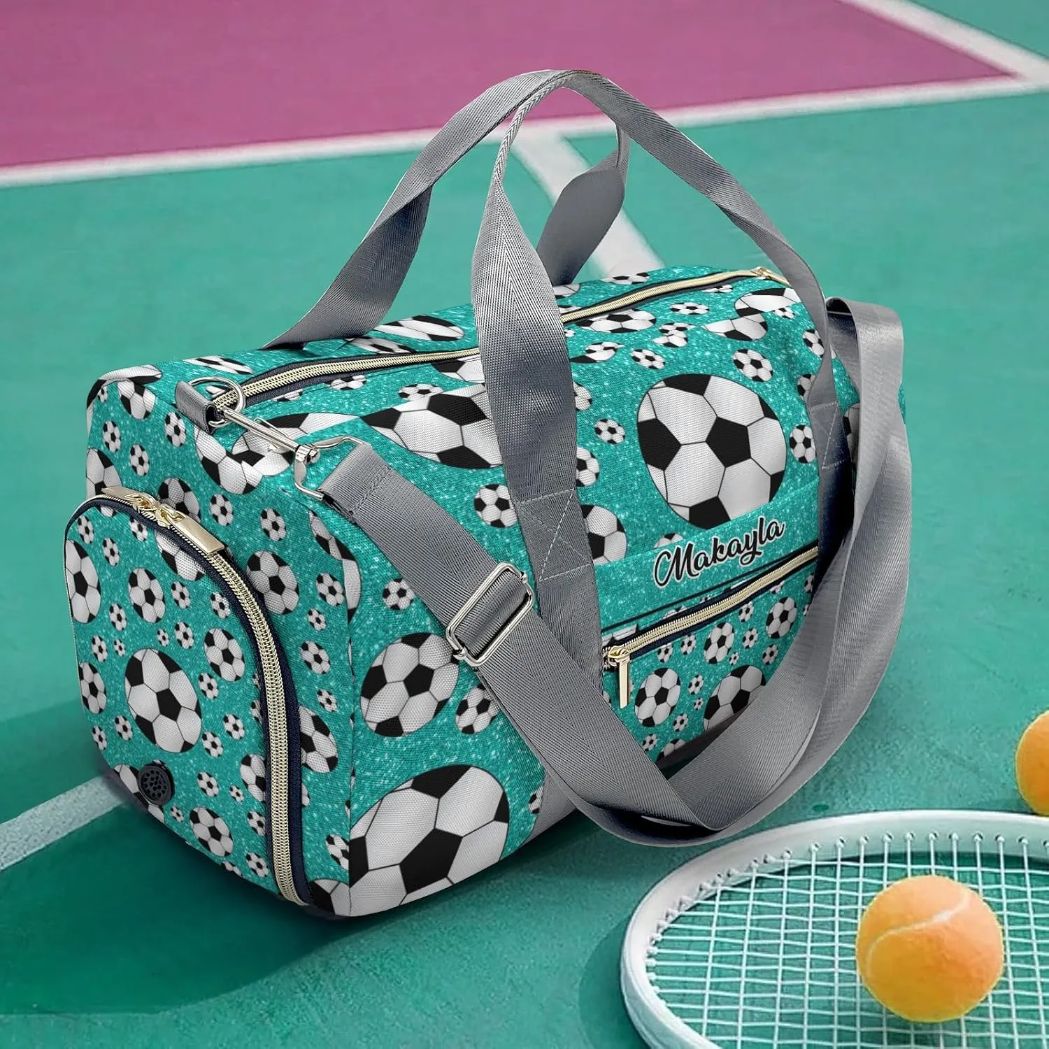 Sport Soccer Balls Turquoise Glitter Personalized Kids Duffel Swim Bag for Boys,Customized Swim Duffle Bag for Boys Man Kids Gifts