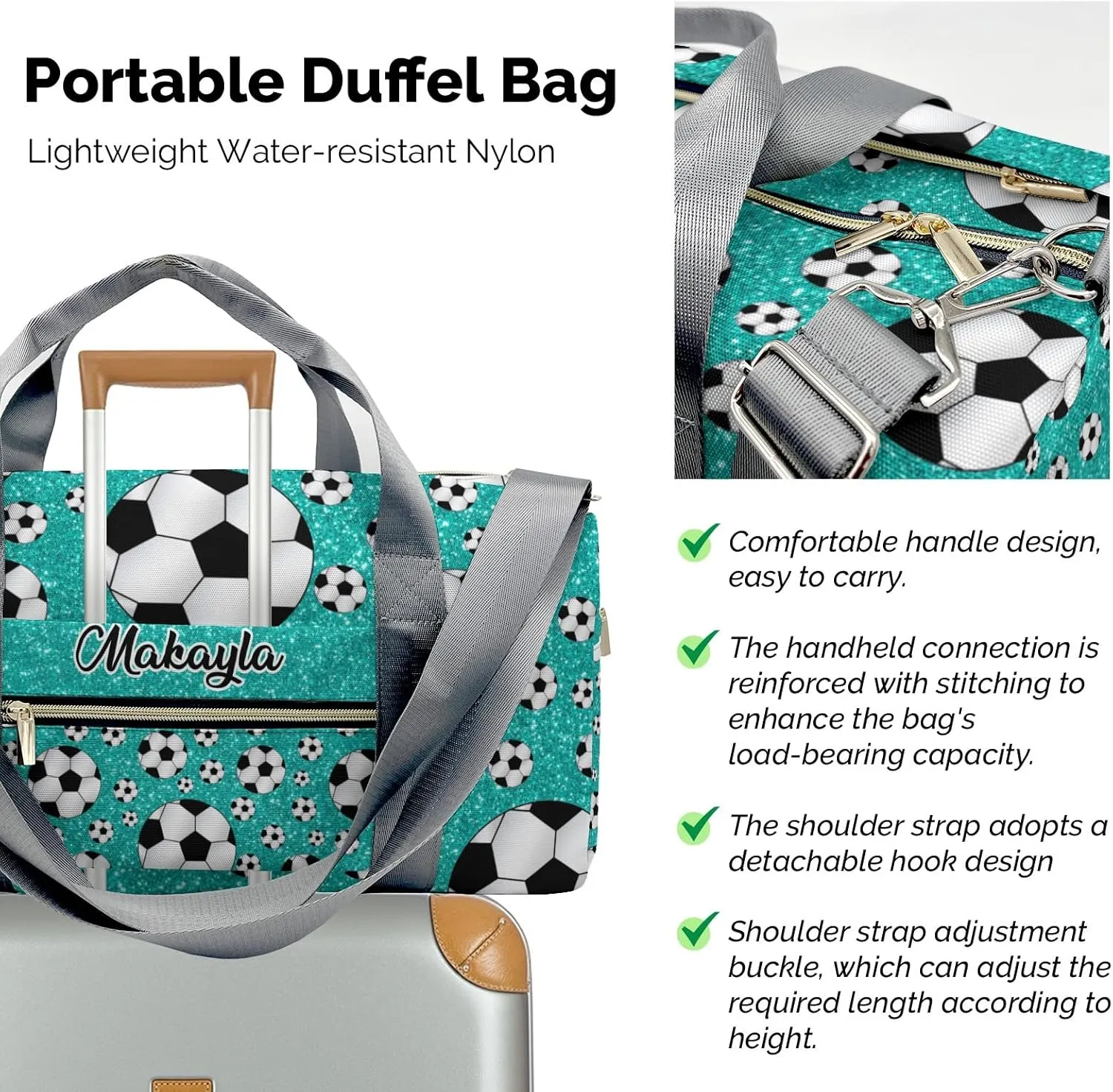 Sport Soccer Balls Turquoise Glitter Personalized Kids Duffel Swim Bag for Boys,Customized Swim Duffle Bag for Boys Man Kids Gifts