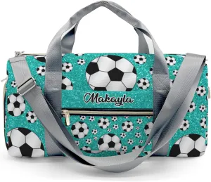 Sport Soccer Balls Turquoise Glitter Personalized Kids Duffel Swim Bag for Boys,Customized Swim Duffle Bag for Boys Man Kids Gifts
