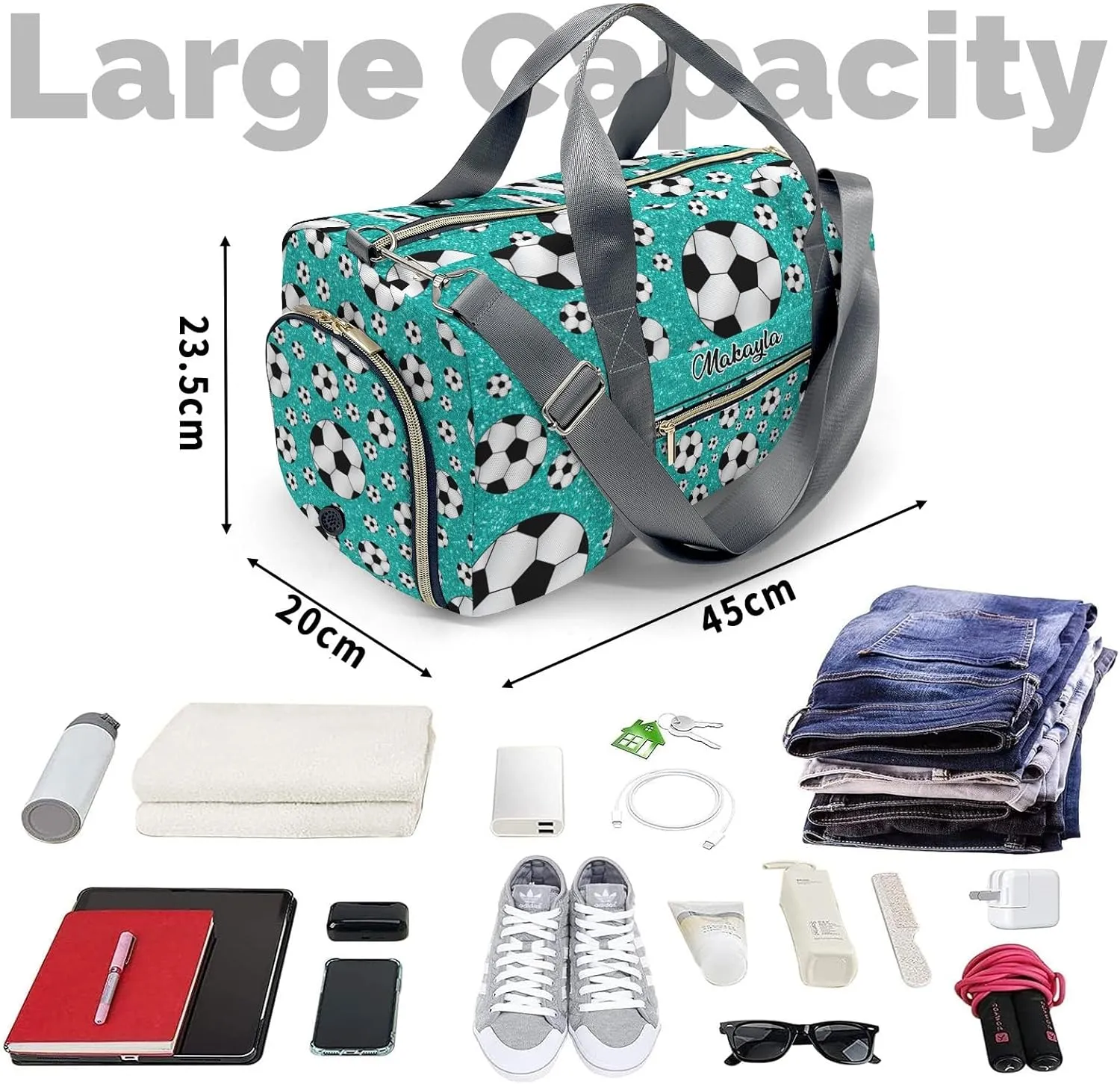 Sport Soccer Balls Turquoise Glitter Personalized Kids Duffel Swim Bag for Boys,Customized Swim Duffle Bag for Boys Man Kids Gifts
