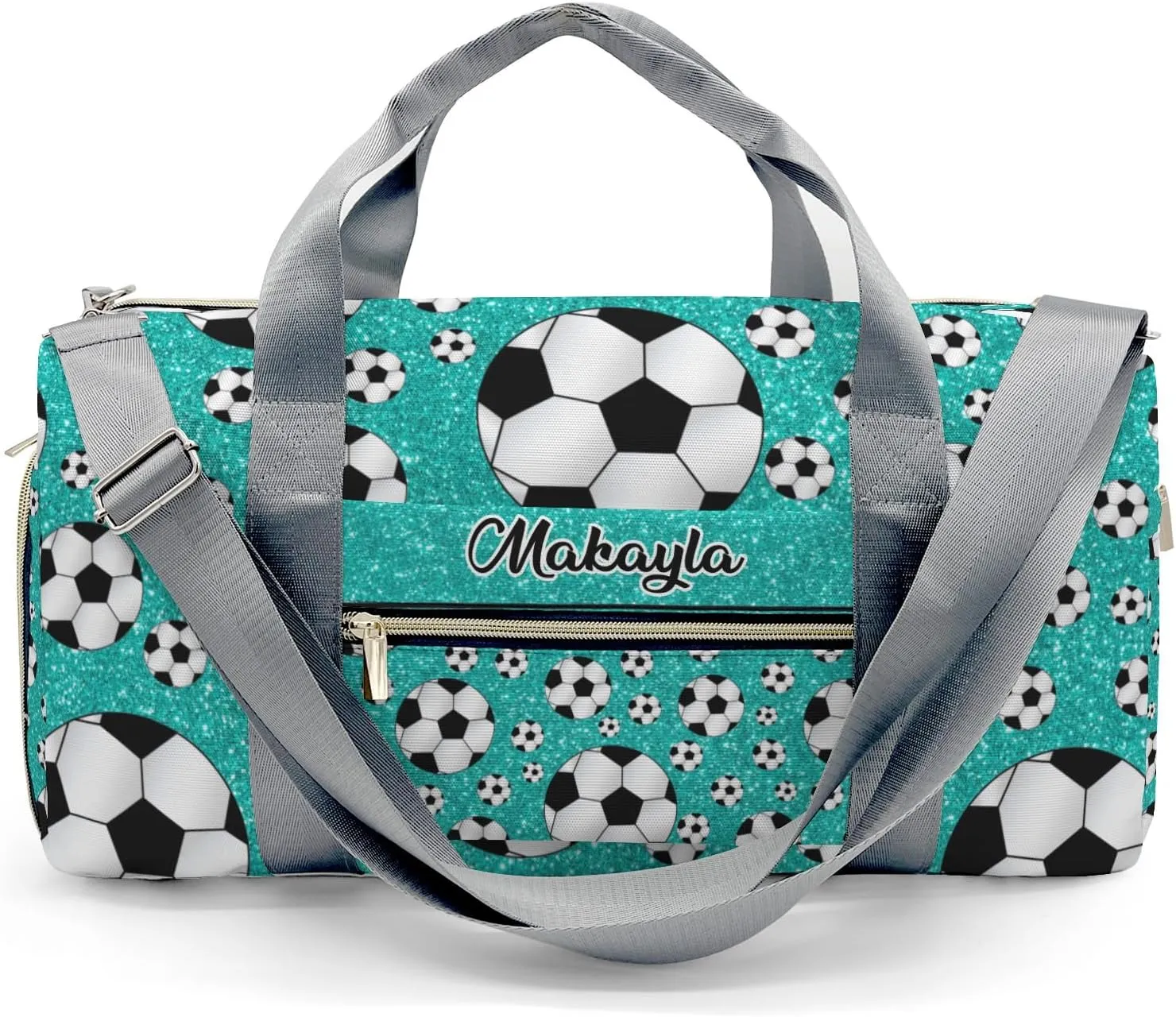Sport Soccer Balls Turquoise Glitter Personalized Kids Duffel Swim Bag for Boys,Customized Swim Duffle Bag for Boys Man Kids Gifts