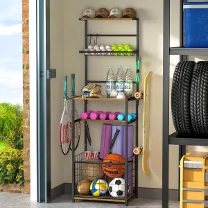 Sports Equipment Organizer, Garage Ball Storage Rack with Hooks, 5 Tier Outdoor Ball Holder Stand with wire basket, Vintage Ball Display Table for Living Room,Garage,Garden,Gym