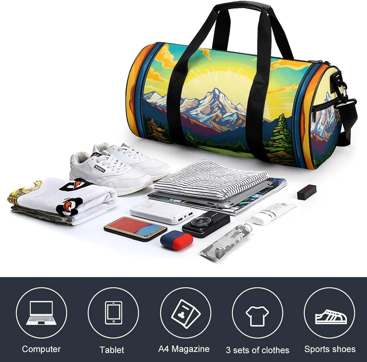 Sports Gym Bag for Women Men Travel Duffel Bag Green Mountains Weekender Bag Canvas Carry on Overnight Bag for Travel Swimming Fitness Workout Sports Duffle Bag, 17.7in/9in/9in, style-1-2