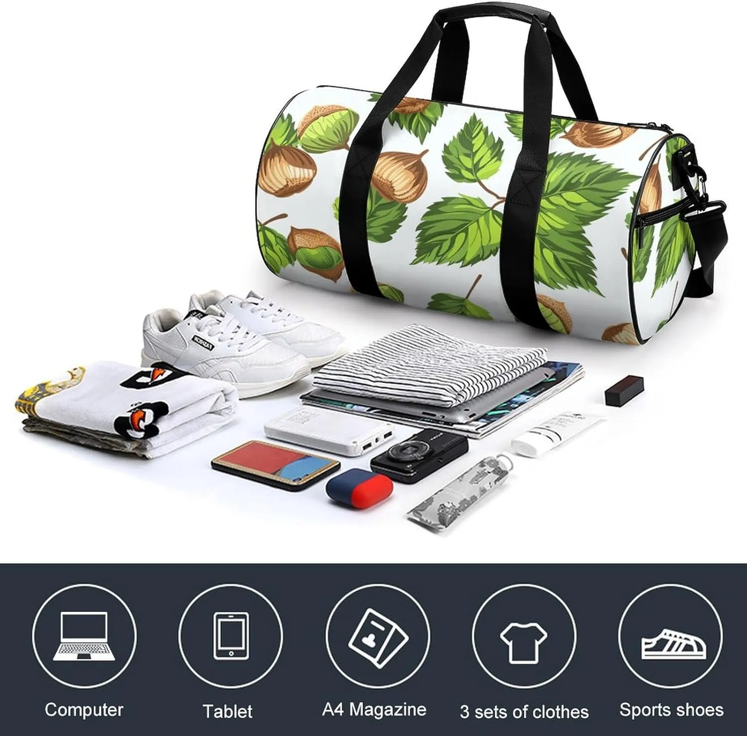 Sports Gym Bag for Women Men Travel Duffel Bag Hazelnuts And Leaves Weekender Bag Canvas Carry on Overnight Bag for Travel Swimming Fitness Workout Sports Duffle Bag