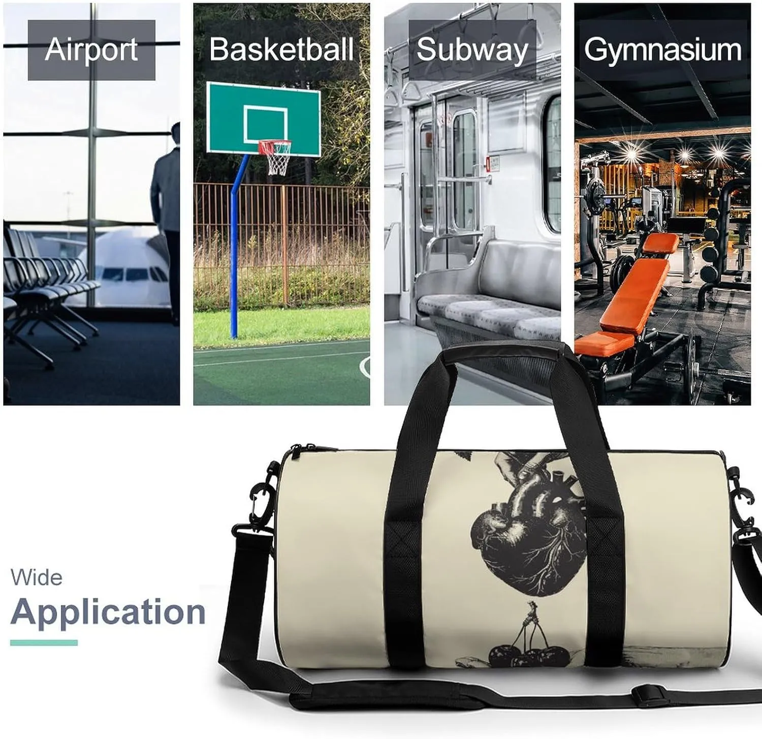 Sports Gym Bag for Women Men Travel Duffel Bag Heart And Cherry Weekender Bag Canvas Carry on Overnight Bag for Travel Swimming Fitness Workout Sports Duffle Bag, 17.7in/9in/9in, style-2-1