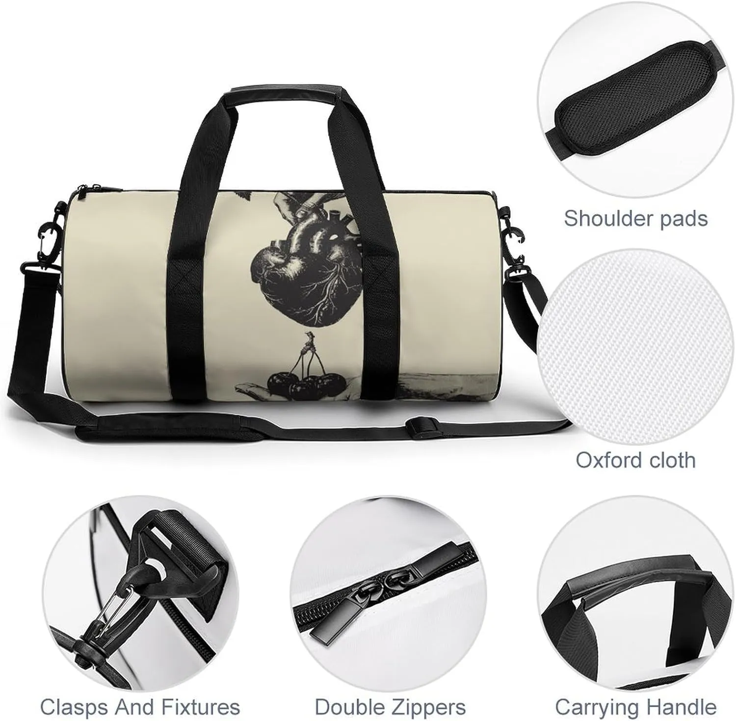 Sports Gym Bag for Women Men Travel Duffel Bag Heart And Cherry Weekender Bag Canvas Carry on Overnight Bag for Travel Swimming Fitness Workout Sports Duffle Bag, 17.7in/9in/9in, style-2-1