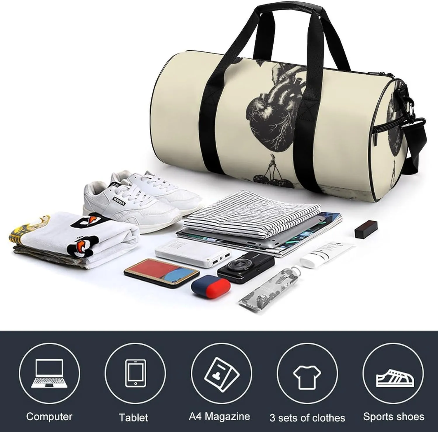 Sports Gym Bag for Women Men Travel Duffel Bag Heart And Cherry Weekender Bag Canvas Carry on Overnight Bag for Travel Swimming Fitness Workout Sports Duffle Bag, 17.7in/9in/9in, style-2-1