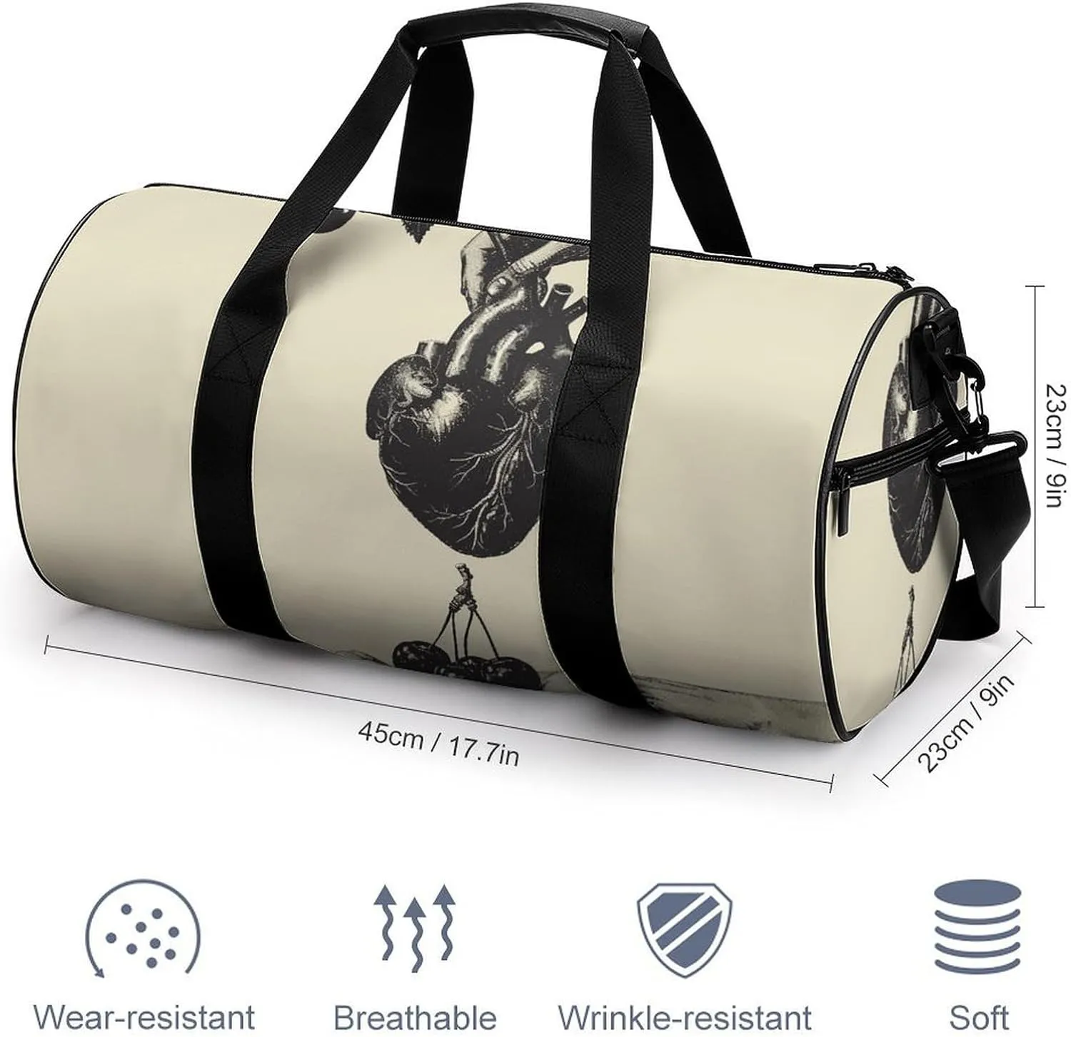 Sports Gym Bag for Women Men Travel Duffel Bag Heart And Cherry Weekender Bag Canvas Carry on Overnight Bag for Travel Swimming Fitness Workout Sports Duffle Bag, 17.7in/9in/9in, style-2-1