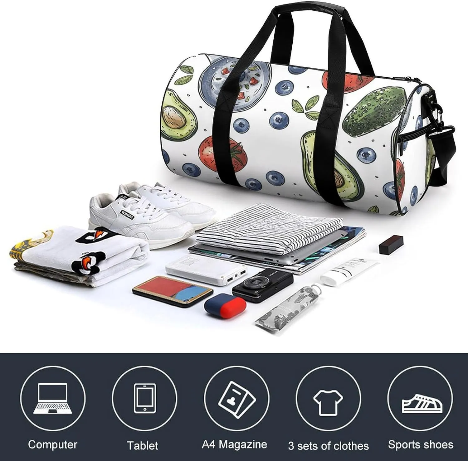 Sports Gym Bag for Women Men Travel Duffel Bag Pot And Blueberries Weekender Bag Canvas Carry on Overnight Bag for Travel Swimming Fitness Workout Sports Duffle Bag, 17.7in/9in/9in, style-1
