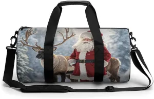Sports Gym Bag for Women Men Travel Duffel Bag Santa Claus And Deer Elk Weekender Bag Canvas Carry on Overnight Bag for Travel Swimming Fitness Workout Sports Duffle Bag