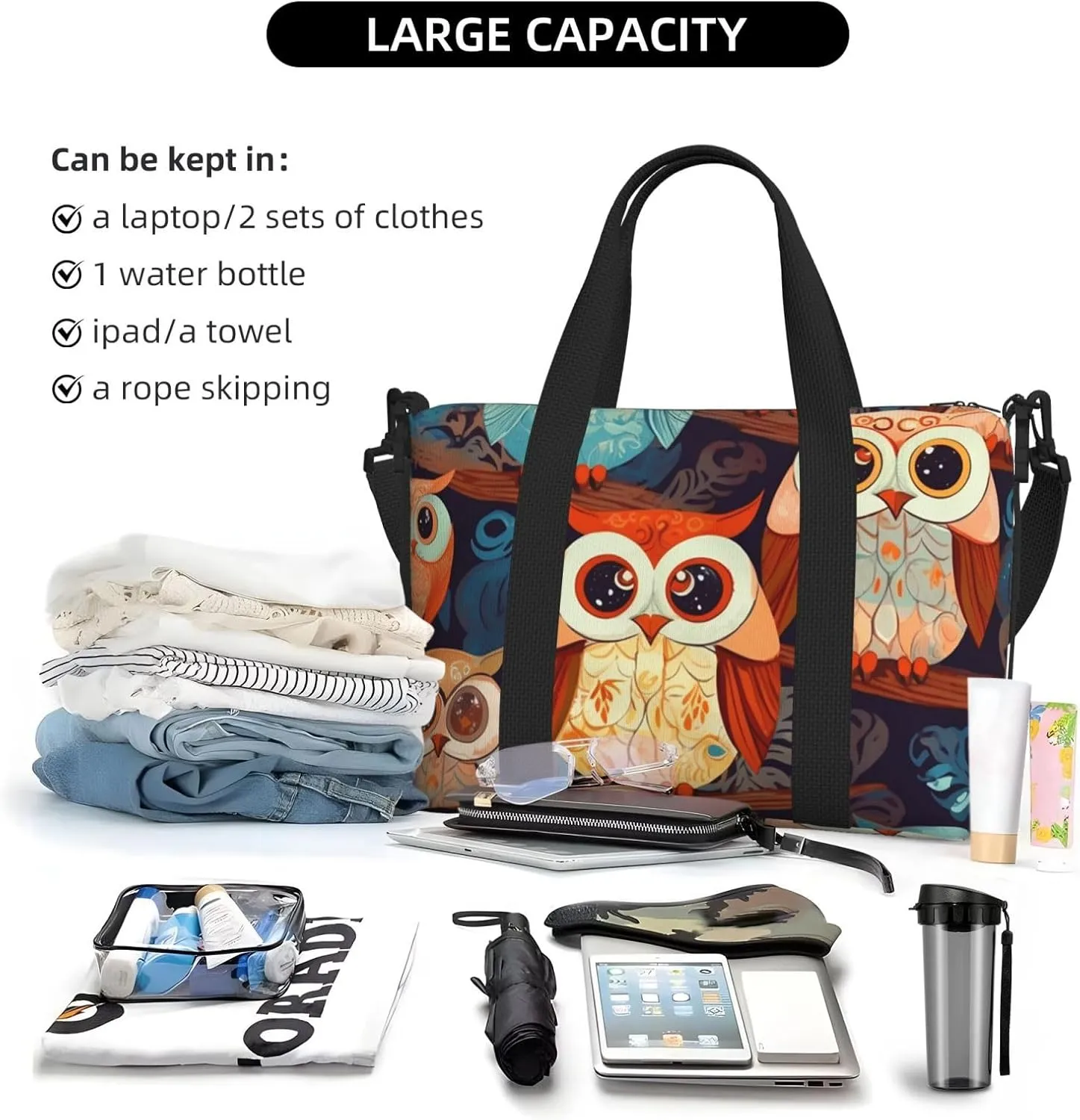Sports Gym Bag for Women Men Travel Duffel Bag Tote Anime Owl Weekender Bag Canvas Carry on Overnight Bag for Travel Swimming Fitness Workout Sports Duffle Bag