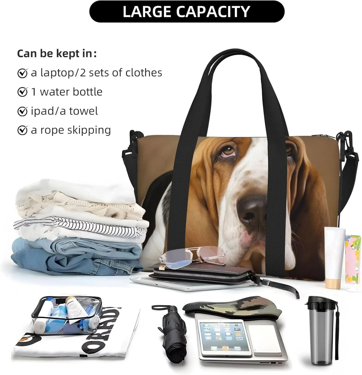 Sports Gym Bag for Women Men Travel Duffel Bag Tote Basset Hound Weekender Bag Canvas Carry on Overnight Bag for Travel Swimming Fitness Workout Sports Duffle Bag