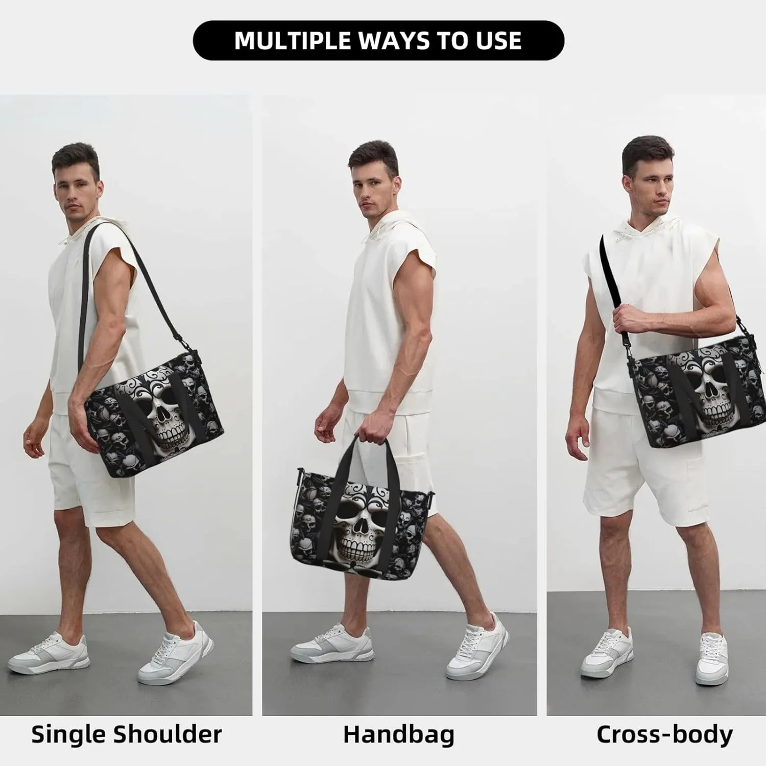 Sports Gym Bag for Women Men Travel Duffel Bag Tote Black and white skulls Weekender Bag Canvas Carry on Overnight Bag for Travel Swimming Fitness Workout Sports Duffle Bag
