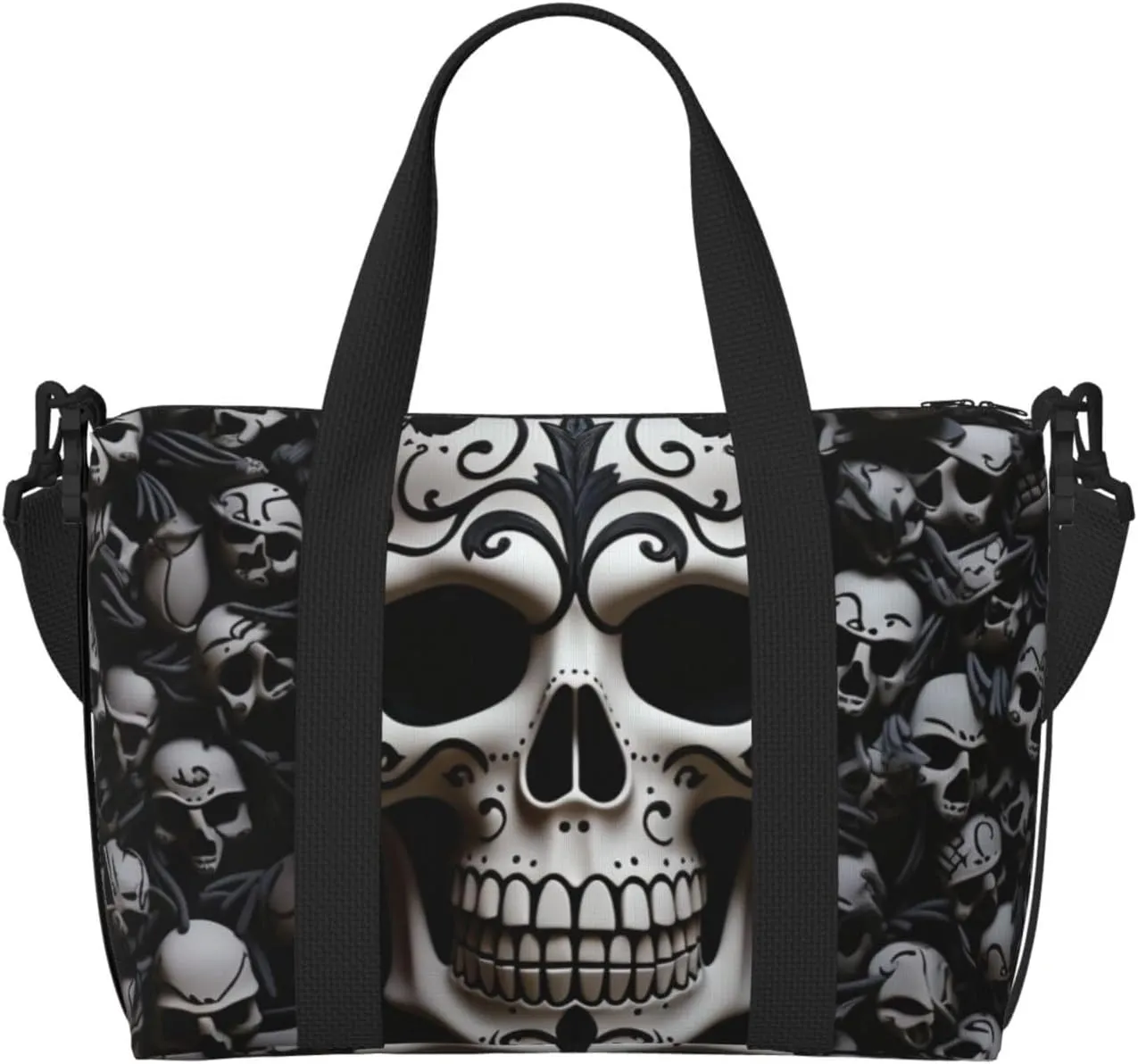 Sports Gym Bag for Women Men Travel Duffel Bag Tote Black and white skulls Weekender Bag Canvas Carry on Overnight Bag for Travel Swimming Fitness Workout Sports Duffle Bag